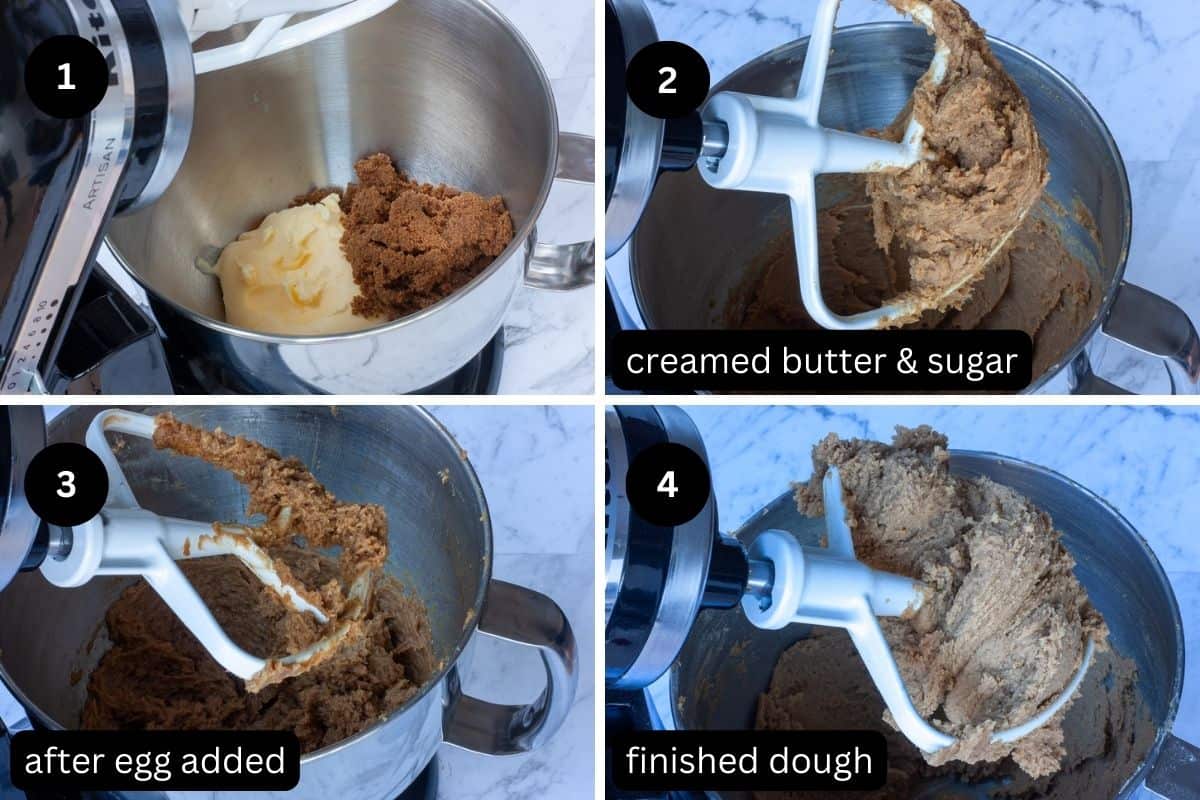 Collage of dough-making steps using a stand-mixer.