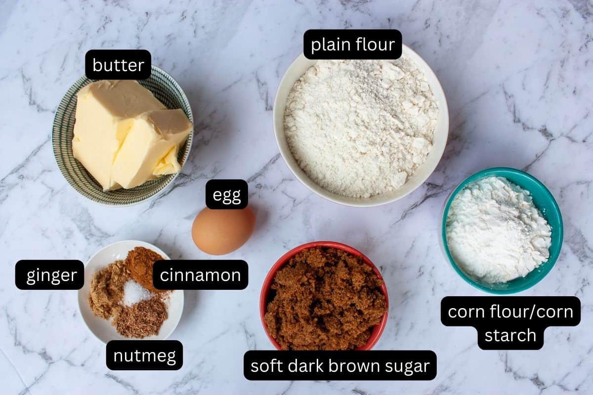 Labelled ingredients needed to make gingerbread biscuits.