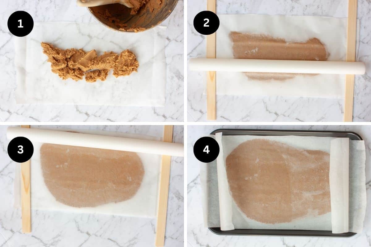 Collage showing the steps of rolling out gingerbread dough between baking paper sheets using pastry rolling guides.