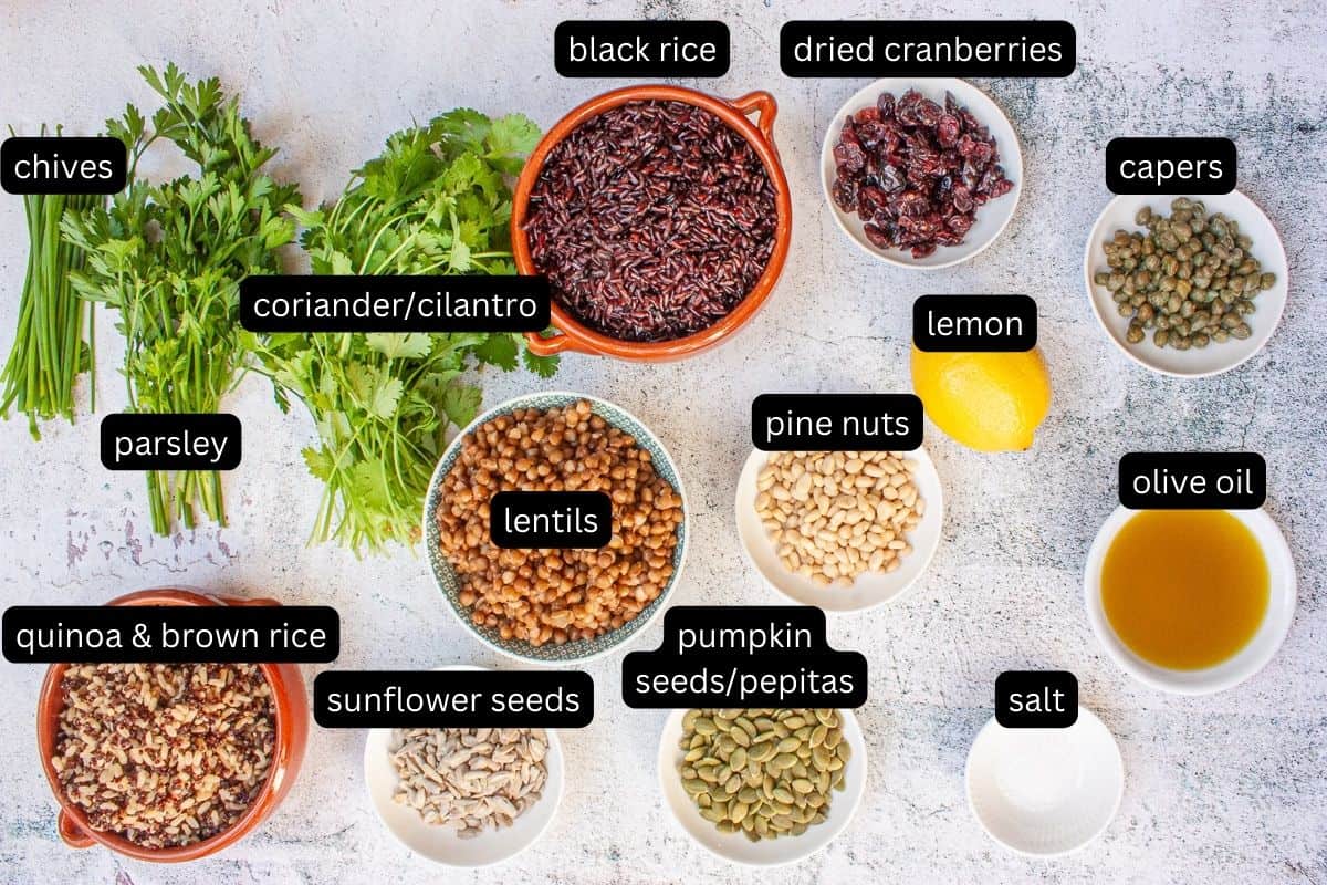 Ingredients required to make grain salad.