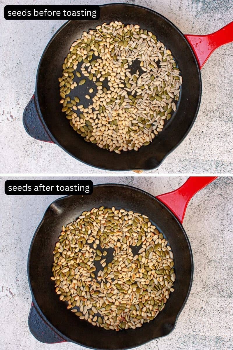 Before and after photo collage showing toasting seeds in a cast iron pan.