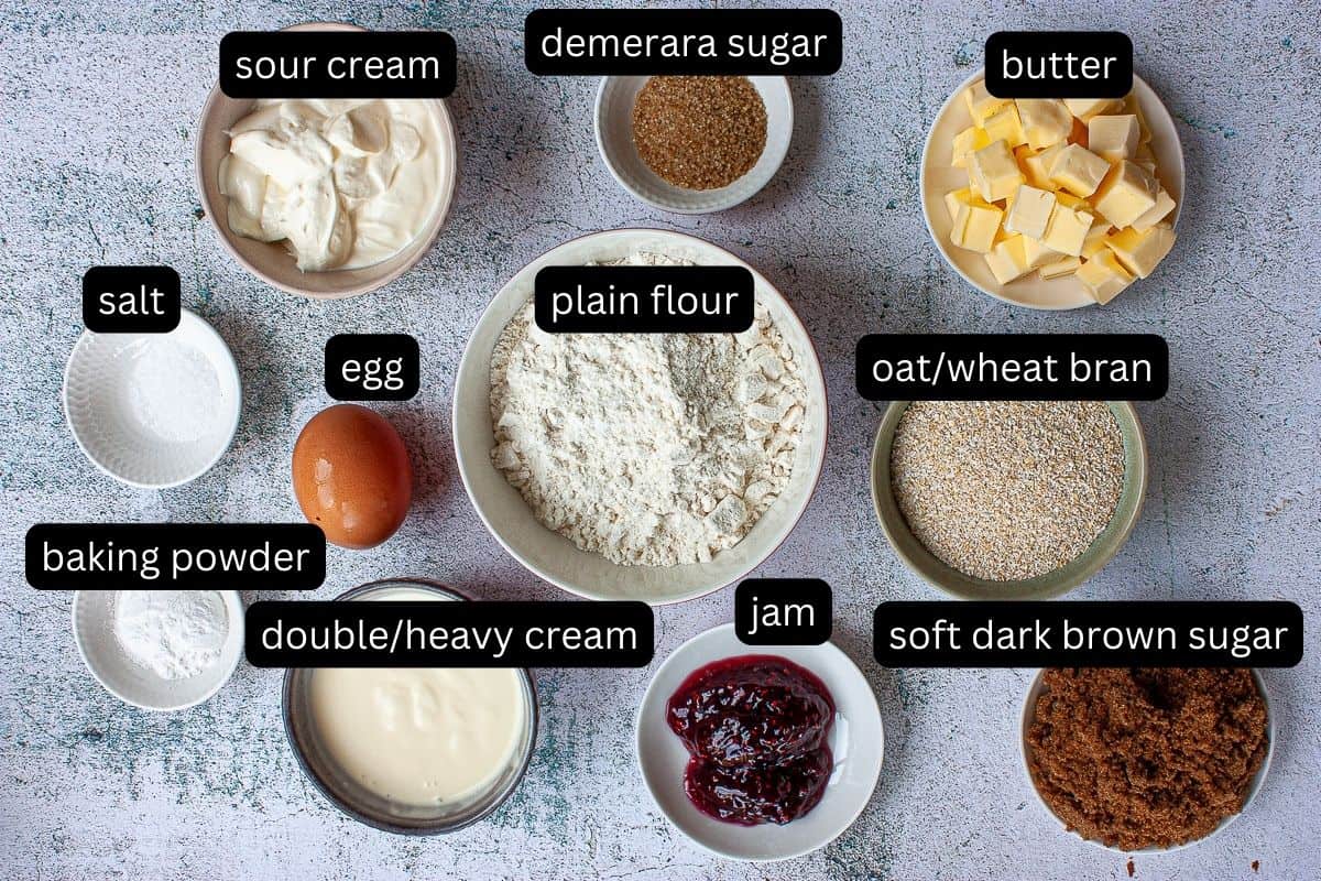 Ingredients needed to make jam-bellied scones.