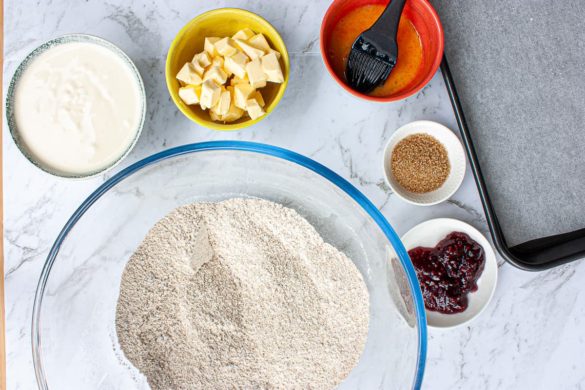 Mise en place for jam-bellied scones.