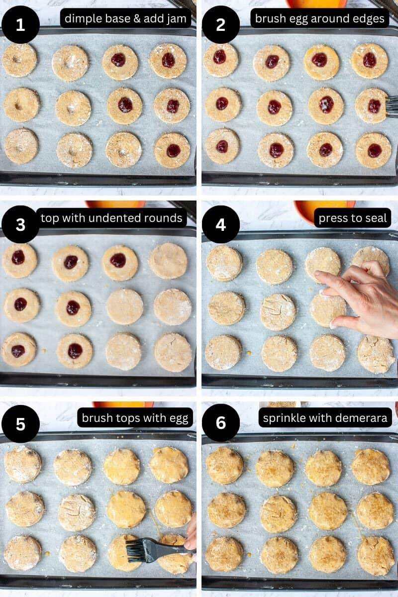 Collage showing process of assembling jam-bellied scones.