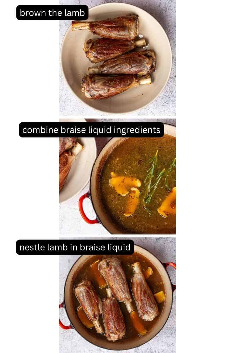 Collage showing browned lamb shanks sitting in braise liquid in a wide red pan.