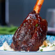 A single glossy bronzed lamb shank sitting upright in a bed of mashed potato.