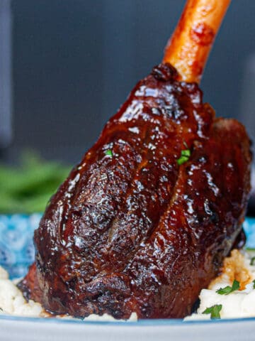 A single glossy bronzed lamb shank sitting upright in a bed of mashed potato.