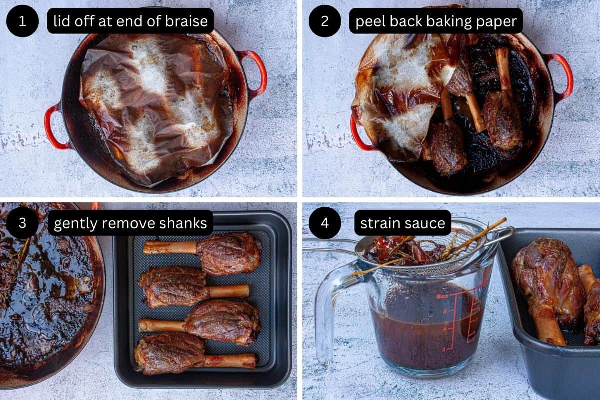 Collage showing braised lamb shanks being prepped for final glaze.