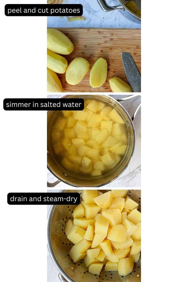 Collage showing how to boil and steam-dry potatoes for mash.