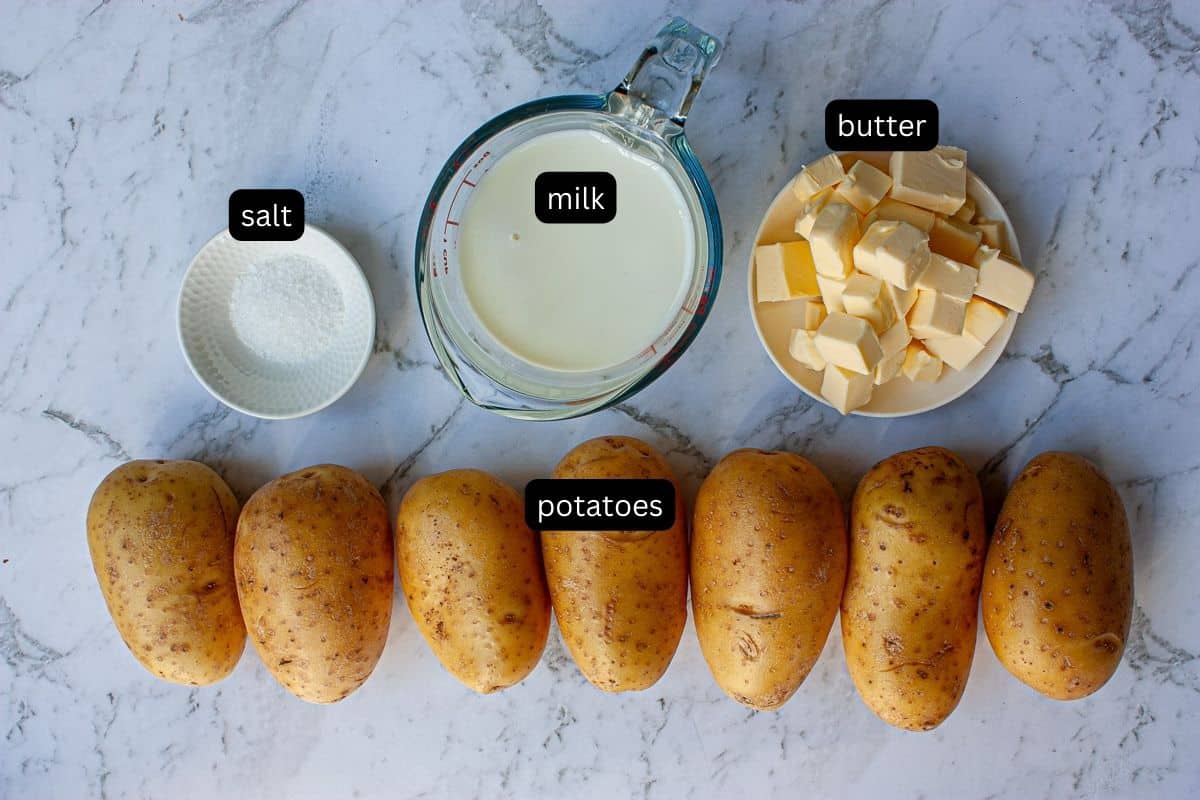 Annotated ingredients needed to make mashed potatoes.