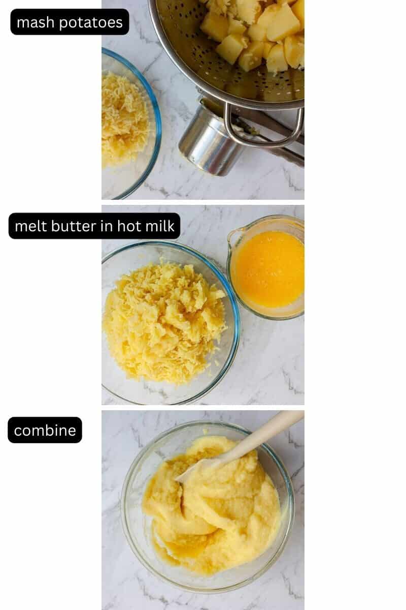 Collage showing how to mash and finish mashed potatoes.