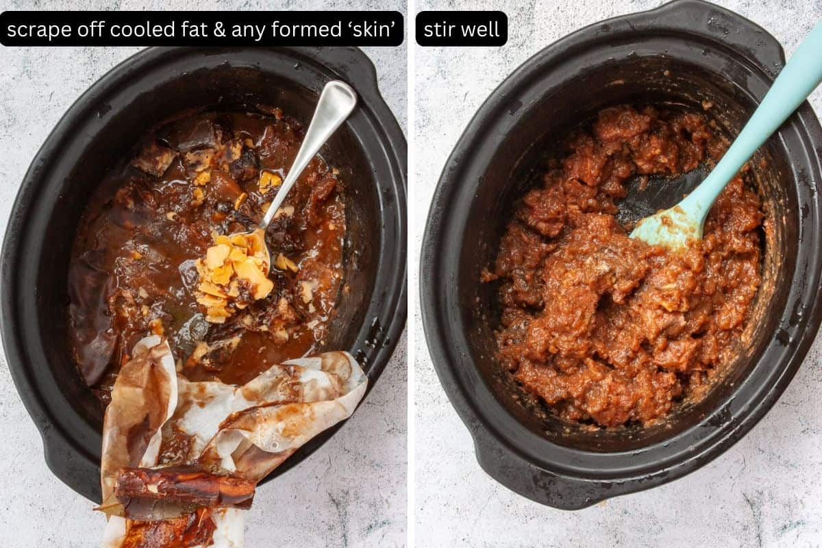 Cooked meat pie filling in a slow-cooker pot.