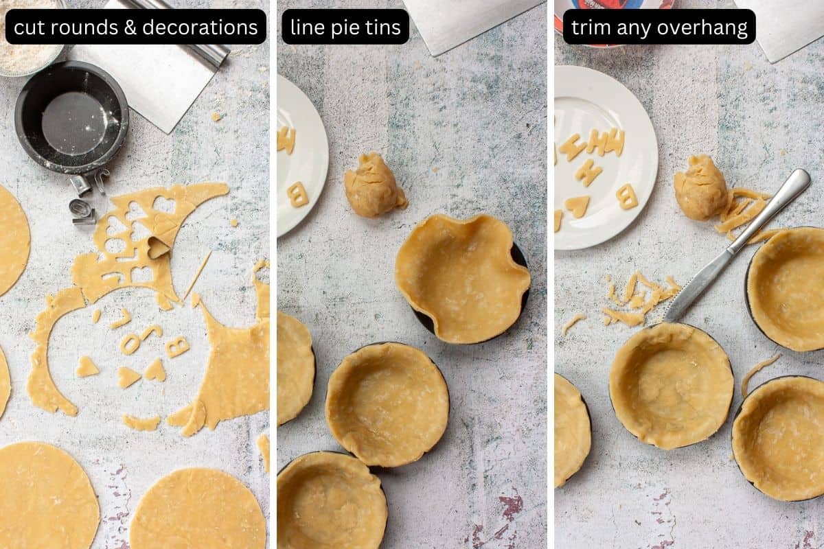 Collage showing rolled out pastry being cut into rounds to line pastry tins and to decorations to top pies.