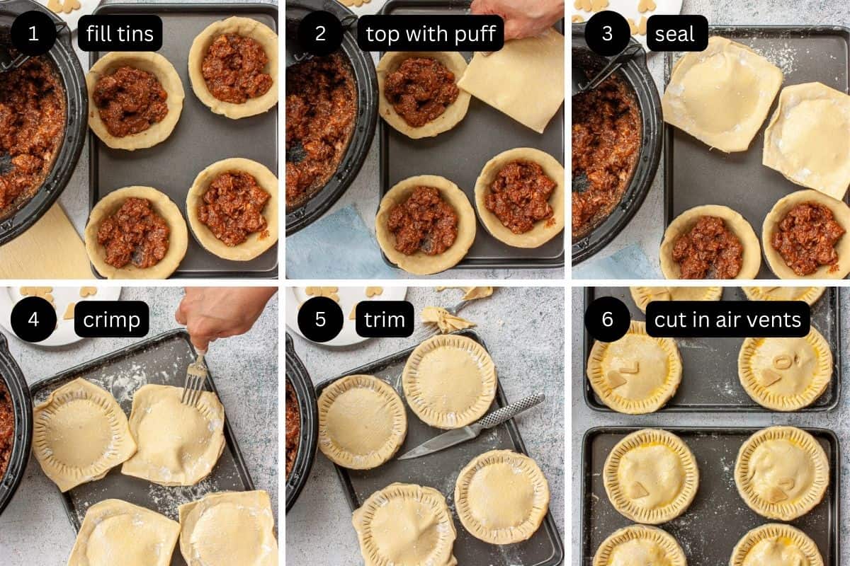 Collage showing individual pastry shells being filled with meat and topped with pastry.