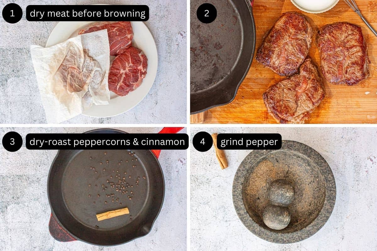 Collage showing oyster blade steaks being browned and whole spices toasted, then ground using a pestle and mortar.