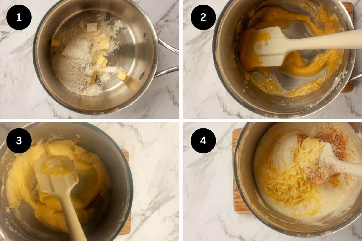 Collage showing white (bechamel) sauce being made in a saucepan, stirred with a white flexible spatula.