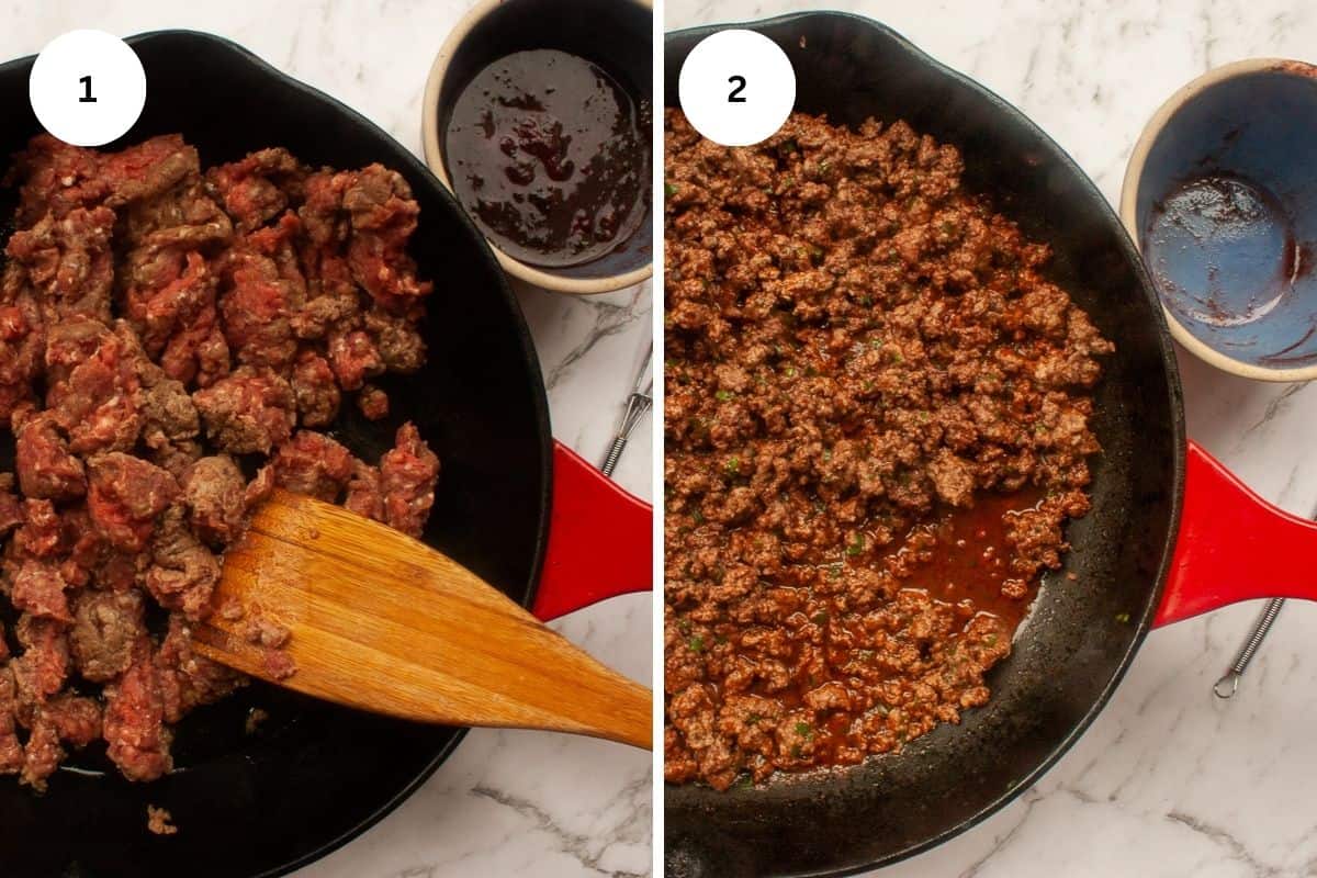 Side-by-side images showing prep of mince sauce - browning of meat, then adding wine mix.