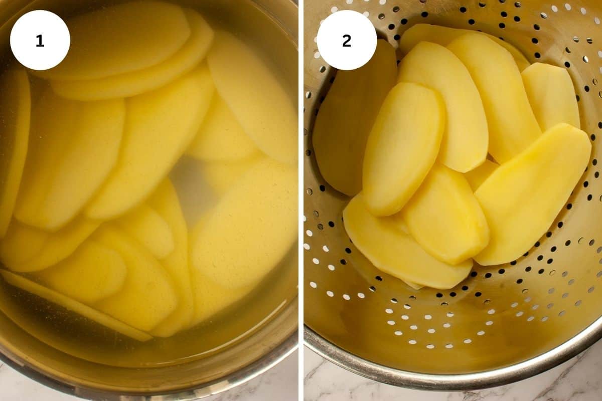 Side-by-side of sliced potatoes in water in a saucepan, then being drained in a colander.