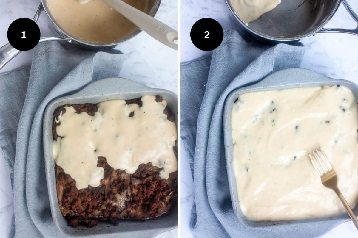 Topping being applied to the already baked moussaka in a grey square baking dish.