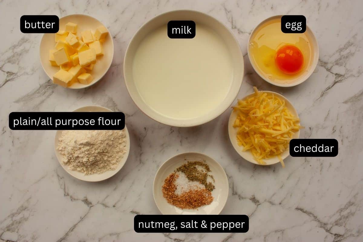 Annotated flat lay of ingredients needed to make the bechamel (white) sauce for moussaka.