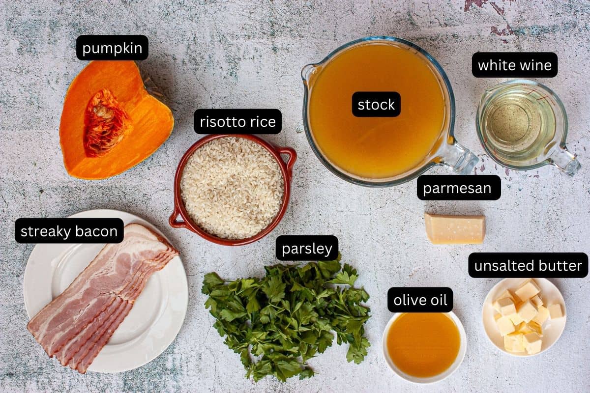 Annotated ingredients needed to make pumpkin and bacon risotto.