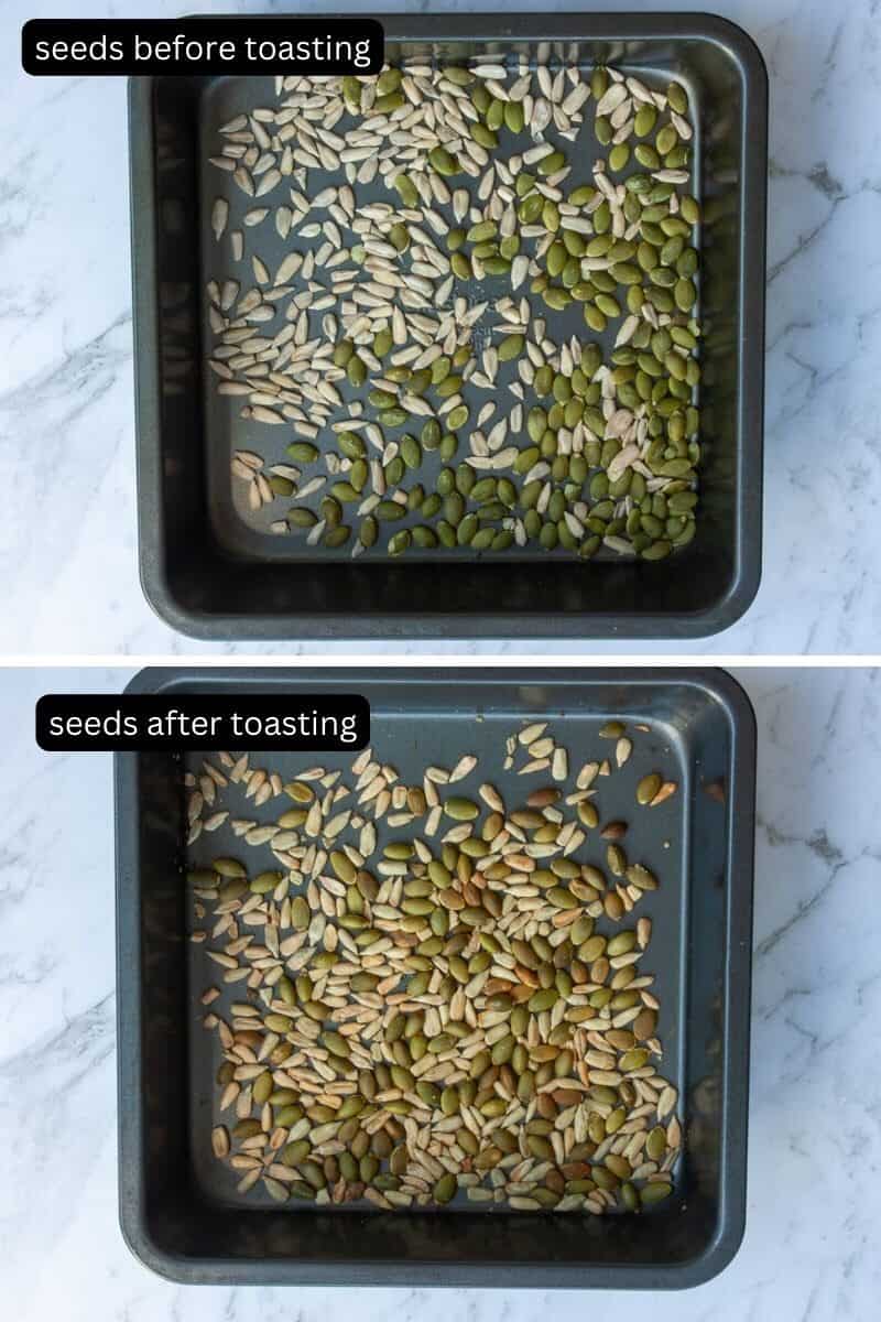 Before and after shots of toasted seeds in a square metal pan.