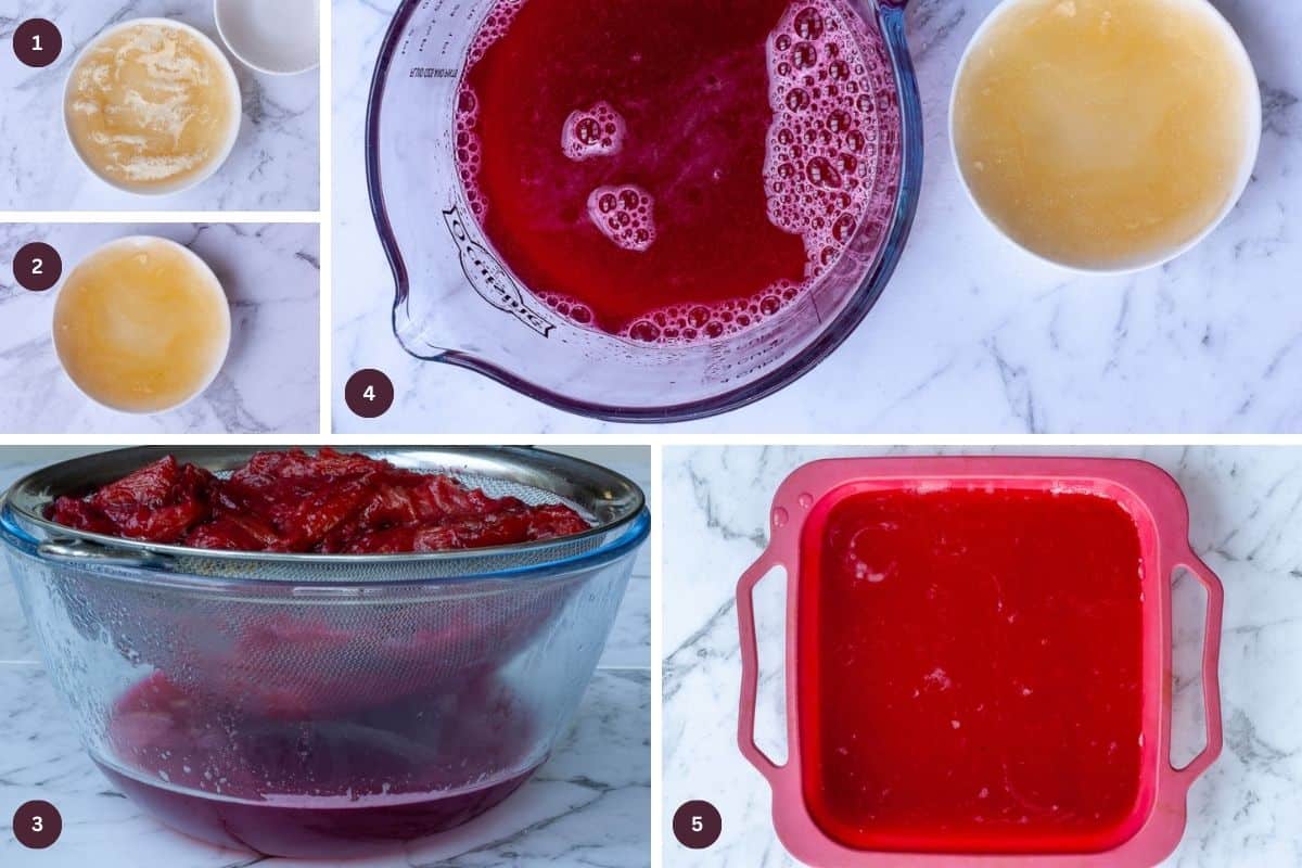 Collage showing steps to make rhubarb jelly.