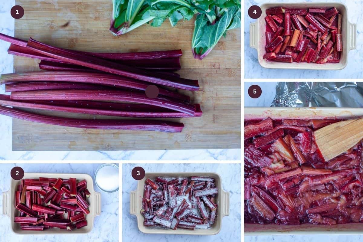 Collage showing steps to make rhubarb compote.