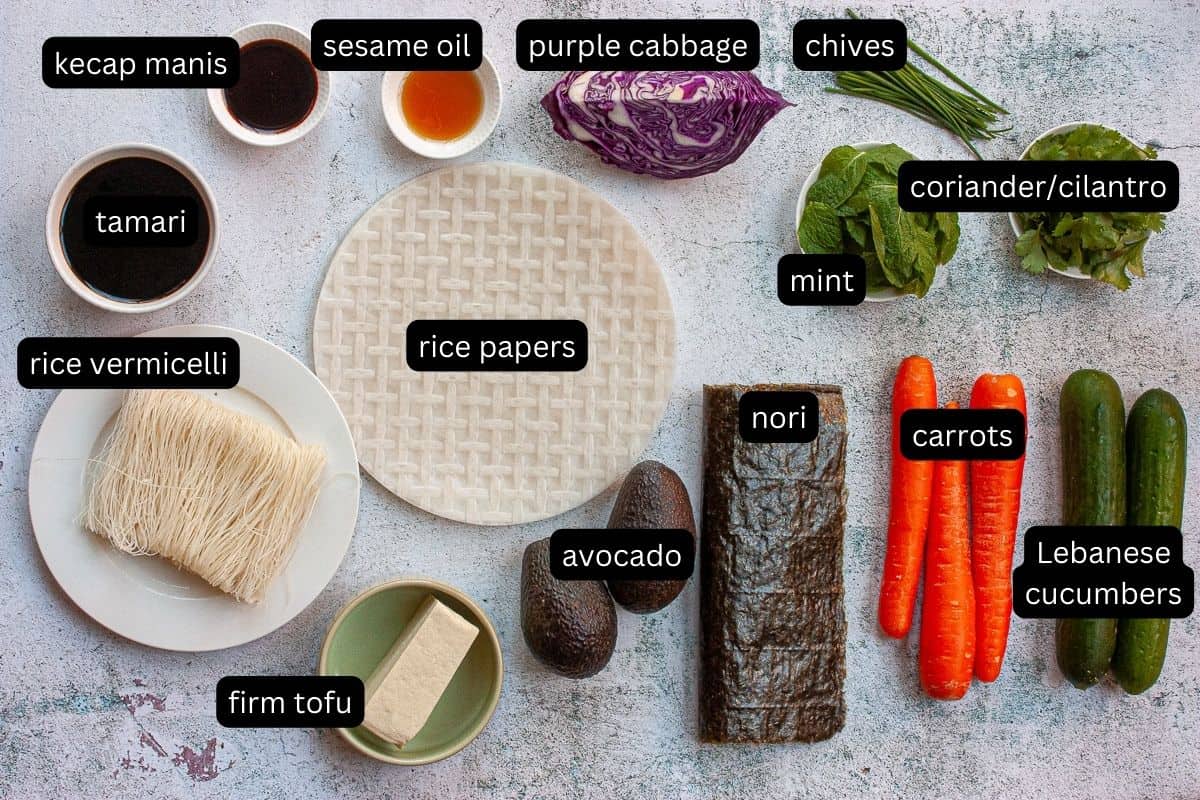 Annotated ingredients required to make rice paper rolls.