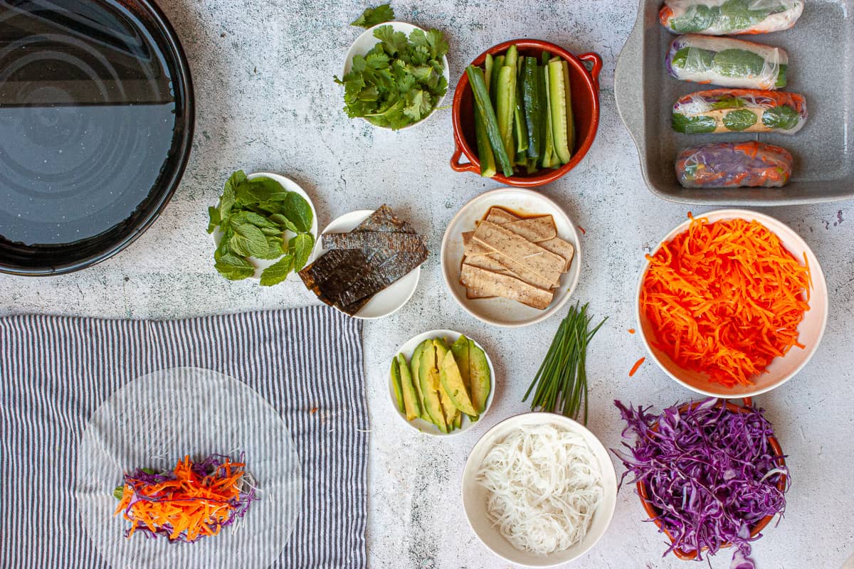 Rice paper roll ingredients prepped, laid out and ready to roll.