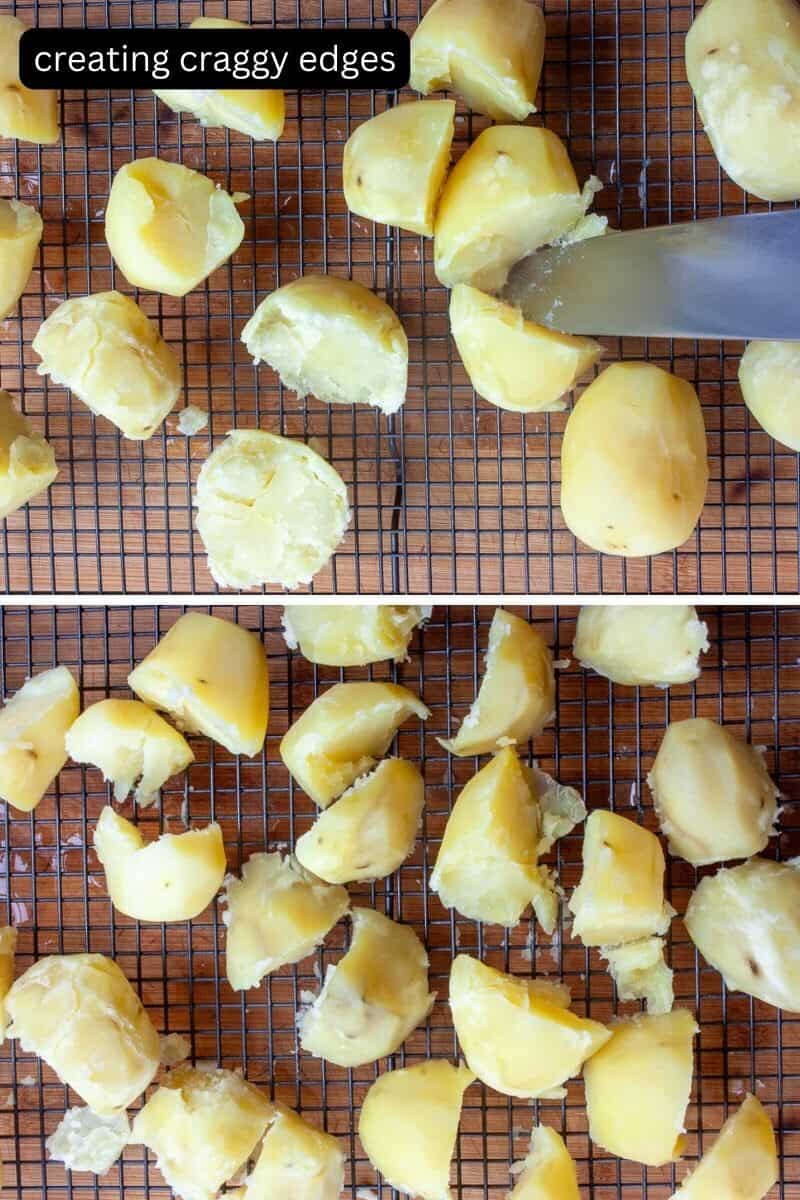 Craggy-looking potato pieces on a cooling rack.