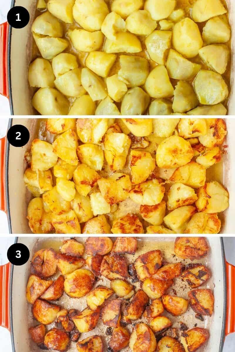 3-pic collage showing stages of roasting potatoes from before, during and after roasting.