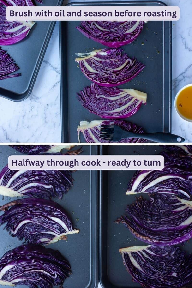 Collage showing roasted cabbage basting and halfway through roast time.