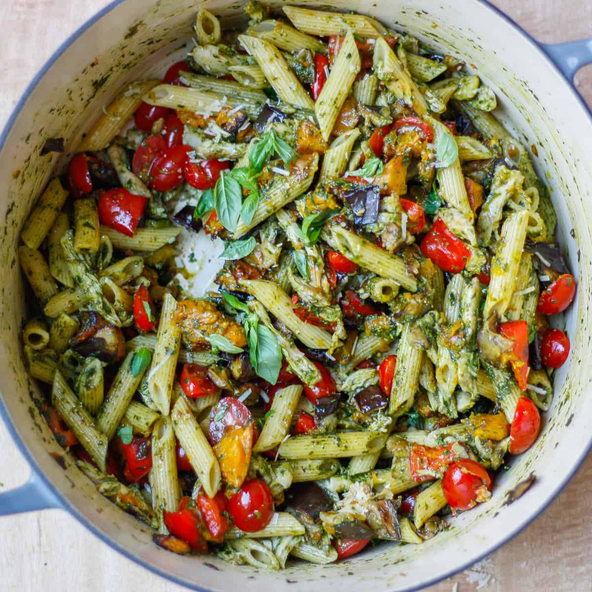 Roasted Vegetable Penne with Chicken and Basil Sauce • Hangry Miss