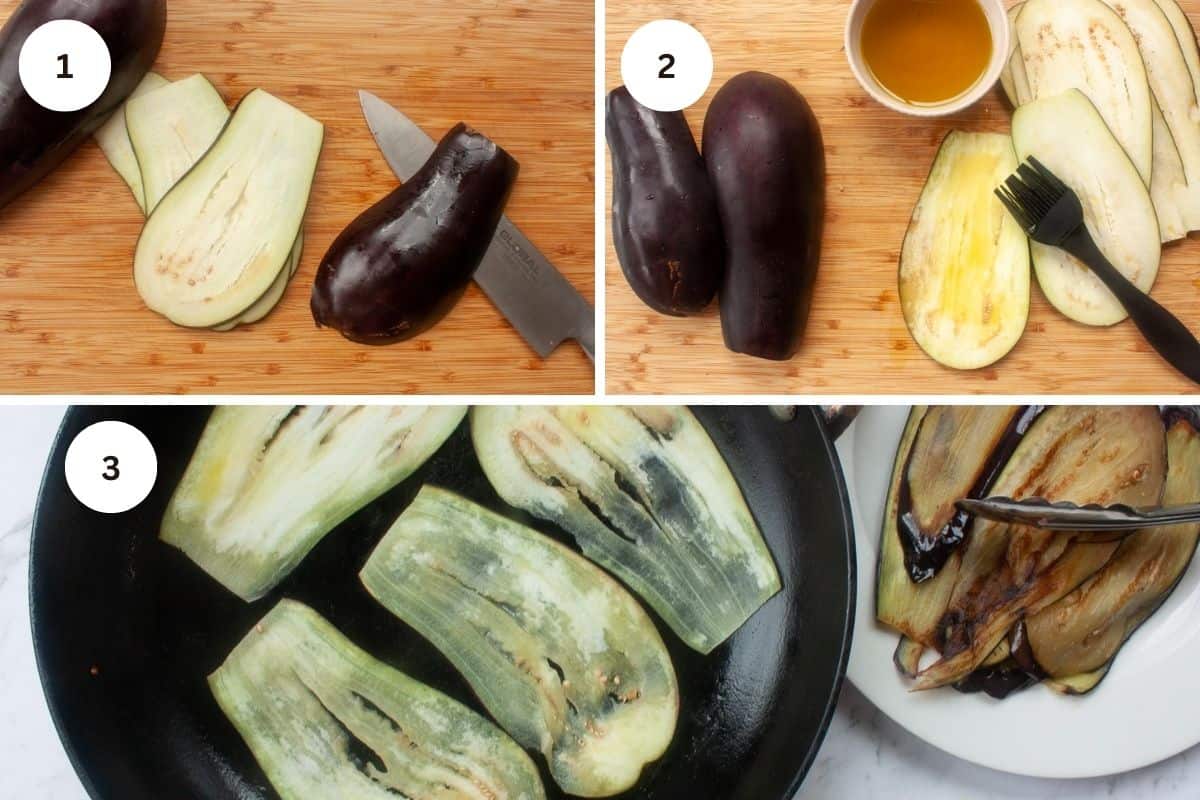 Collage showing the slicing, oiling and sauteing of aubergine slices.