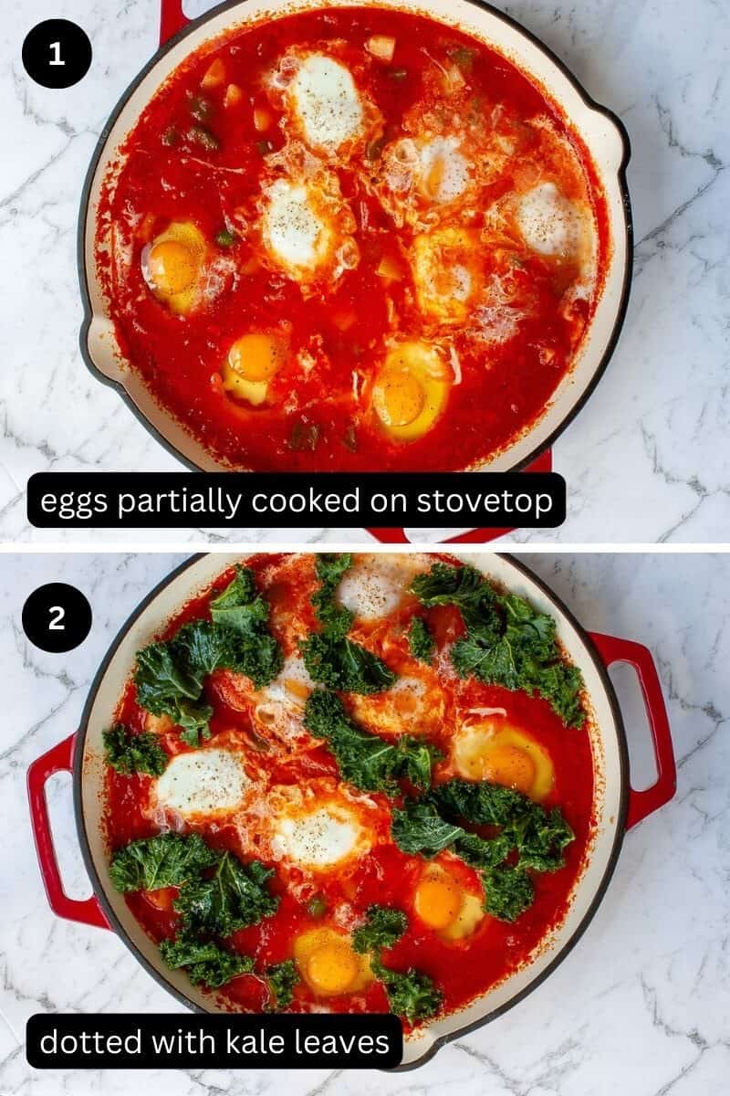 Collage showing the shakshouka partially cooked on the stove top and ready for the oven.