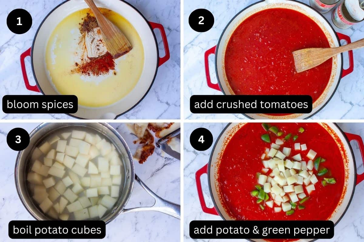 Collage showing how to make the sauce for shakshouka.