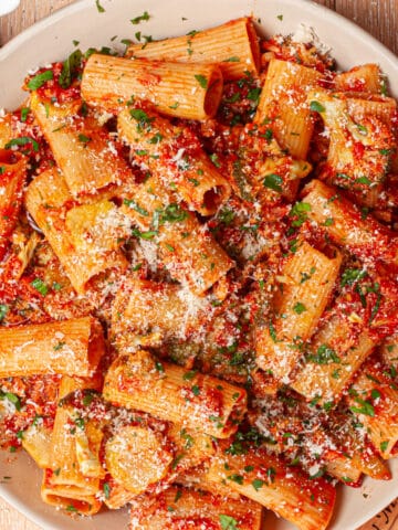 Large white plate filled with rigatoni in a tomato sauce, dusted with grated cheese and parsley flecks.