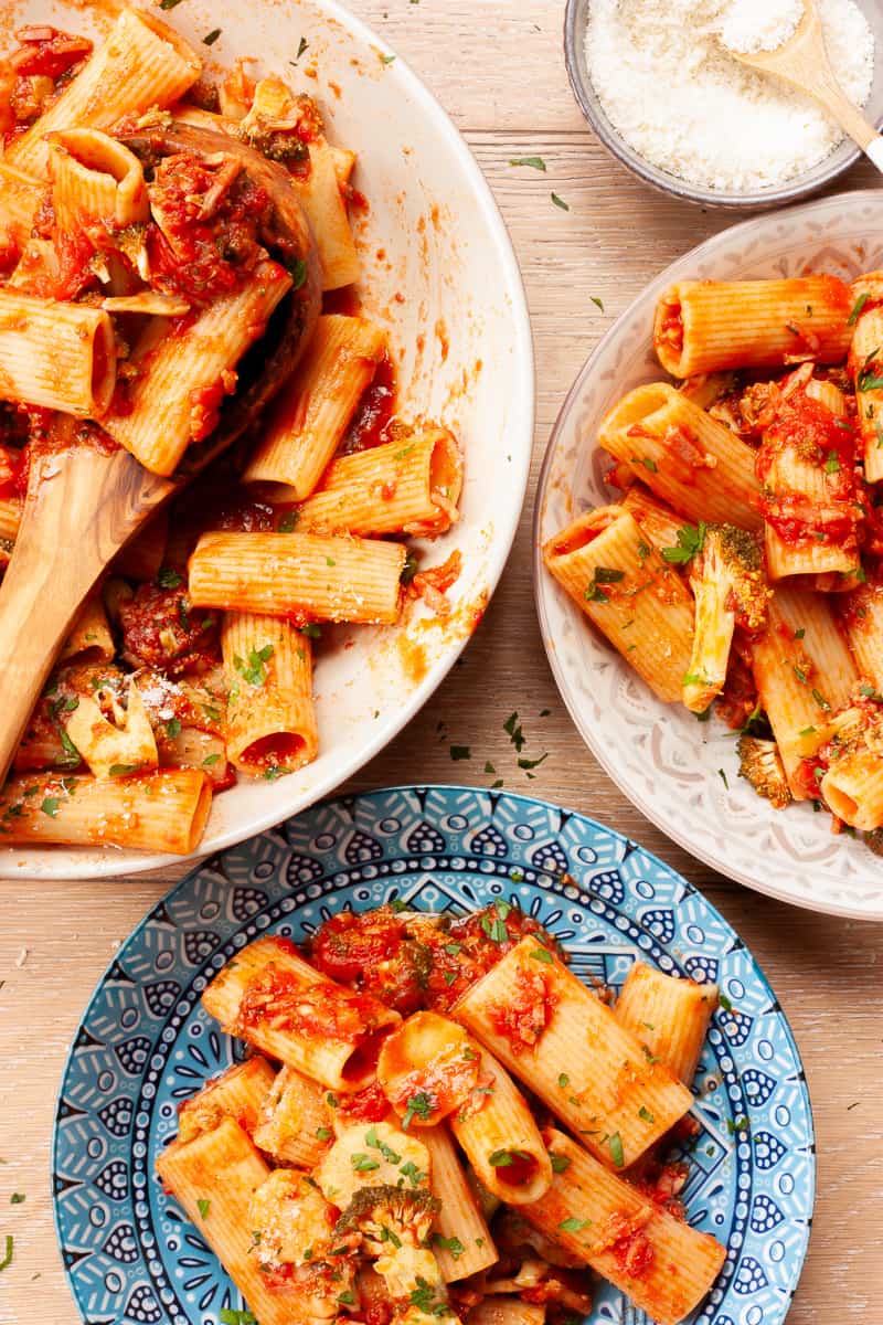 Spicy rigatoni served family style.