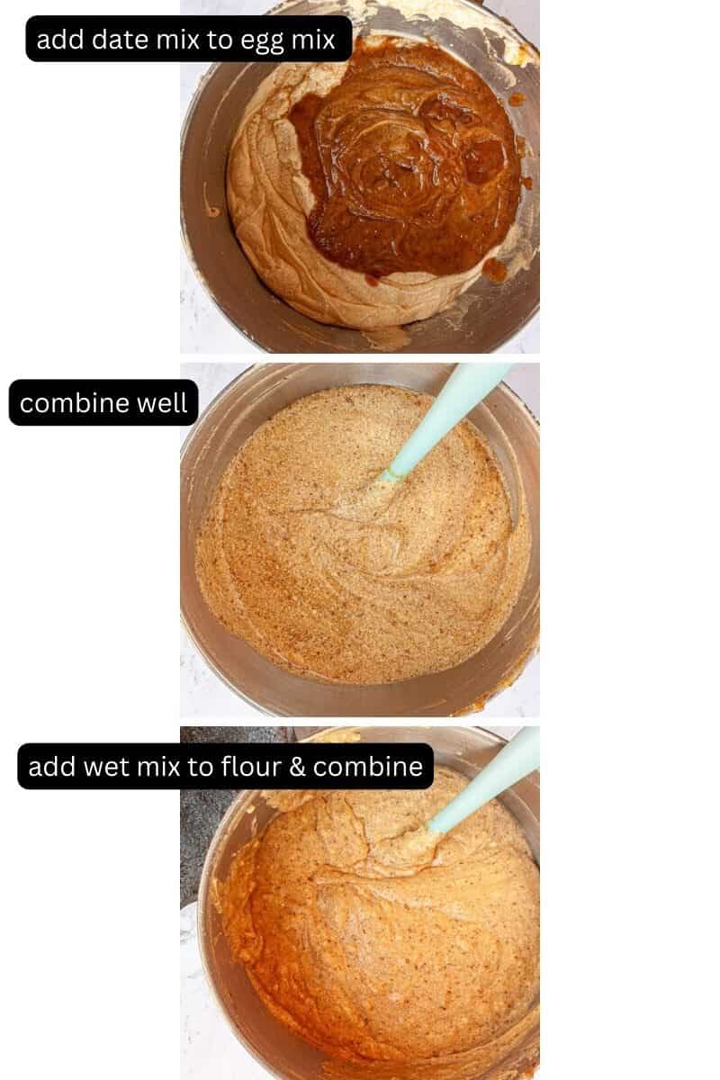 Collage showing stages of finishing the sticky date batter.