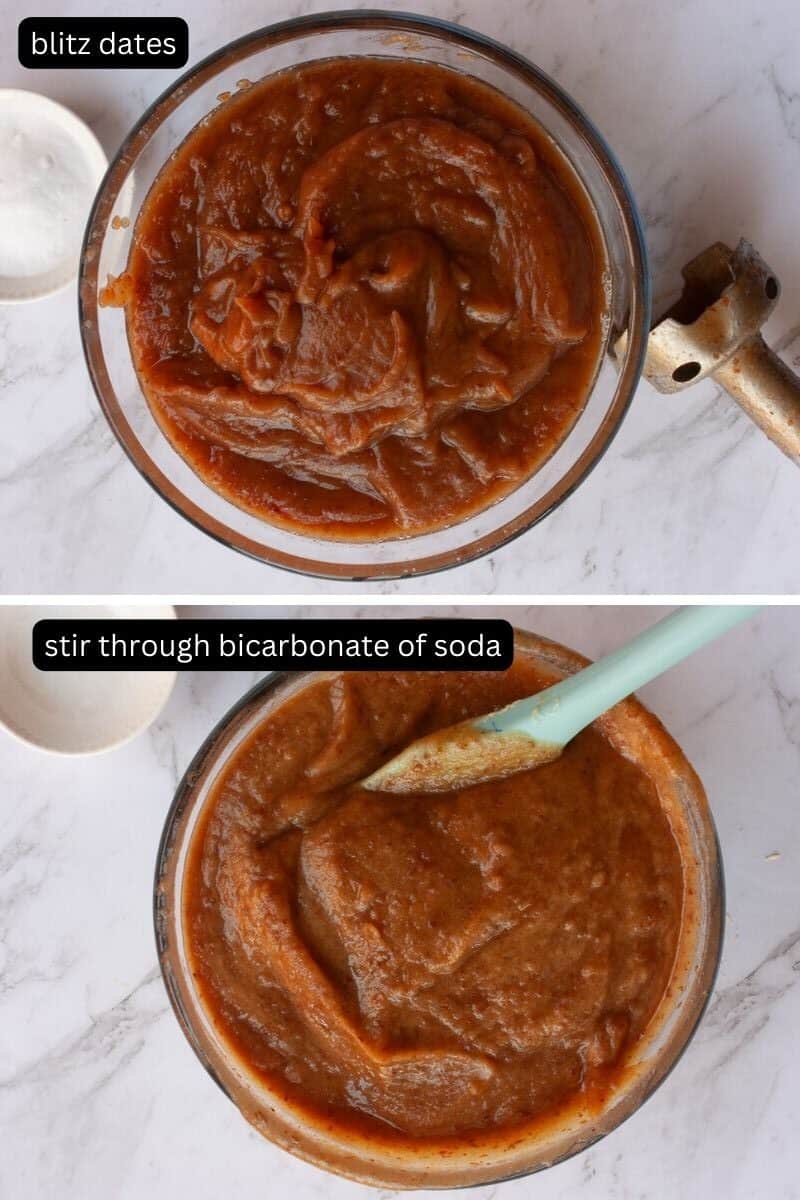 Collage showing pureed dates in a glass bowl before and after baking soda has been added.