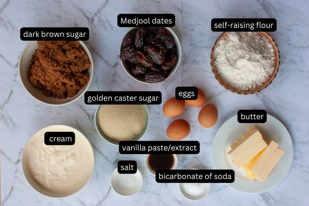 Annotated ingredients needed to make sticky date pudding.