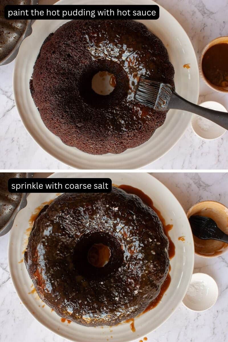 Bundt tin-shaped sticky date pudding being painted with glossy butterscotch sauce.