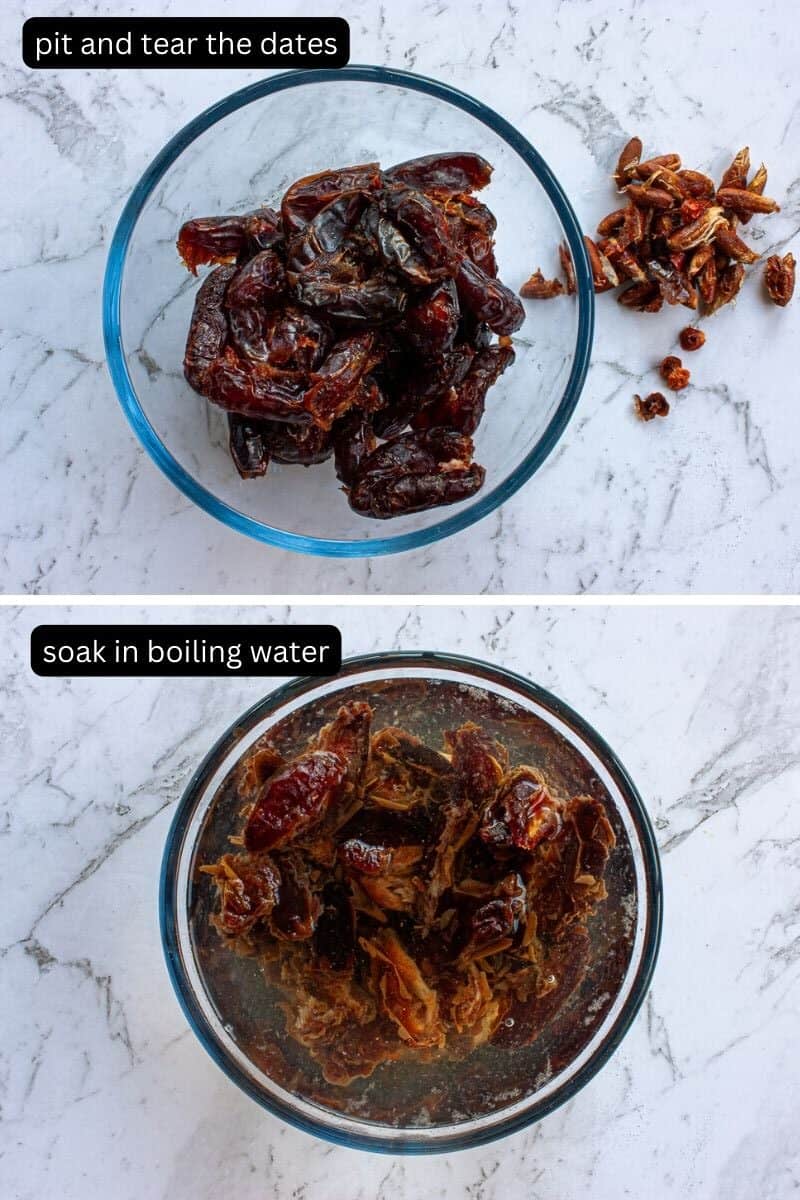 Collage showing medjool dates being pitted and torn, then soaking in water in a glass bowl.