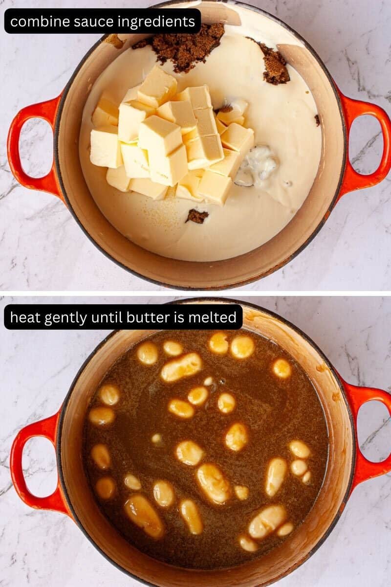 Collage showing the process of making butterscotch sauce in a red saucepan.