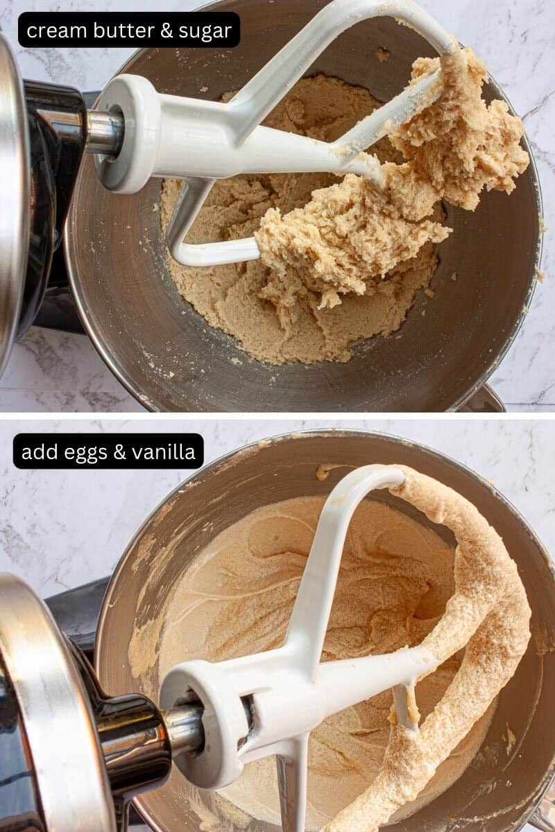 Collage showing the first two stages of making sticky date batter in a stand mixer.