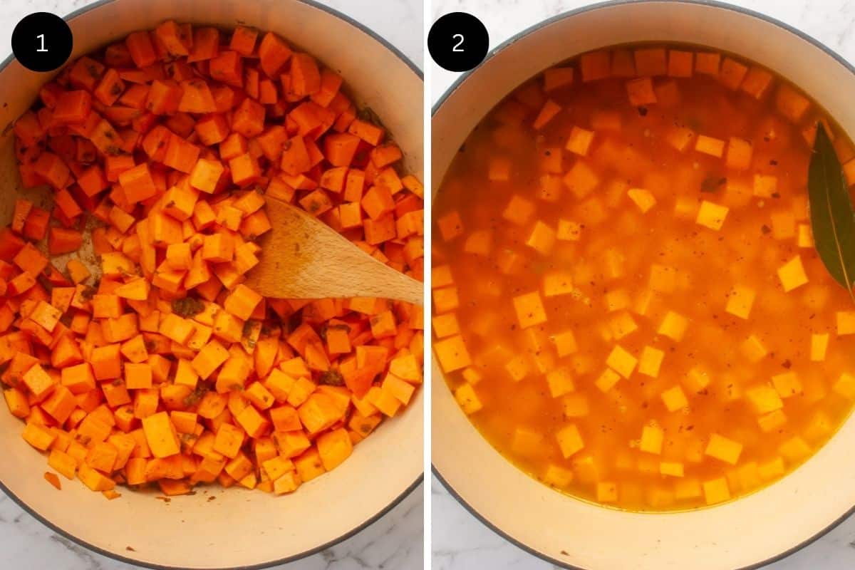 Photos side-by-side of sweet potato cubes in a pot. In the second shot, stock and a bay leaf have been added.