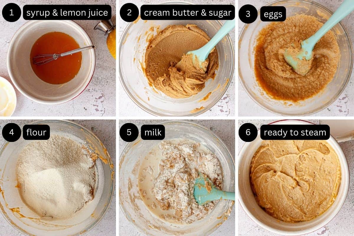 Collage showing the steps to get syrup steamed pudding ready to cook.