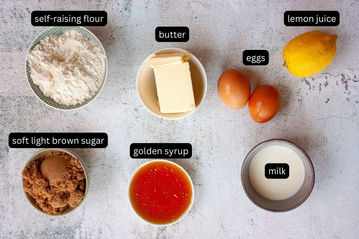 Annotated ingredients required to make syrup steamed pudding.