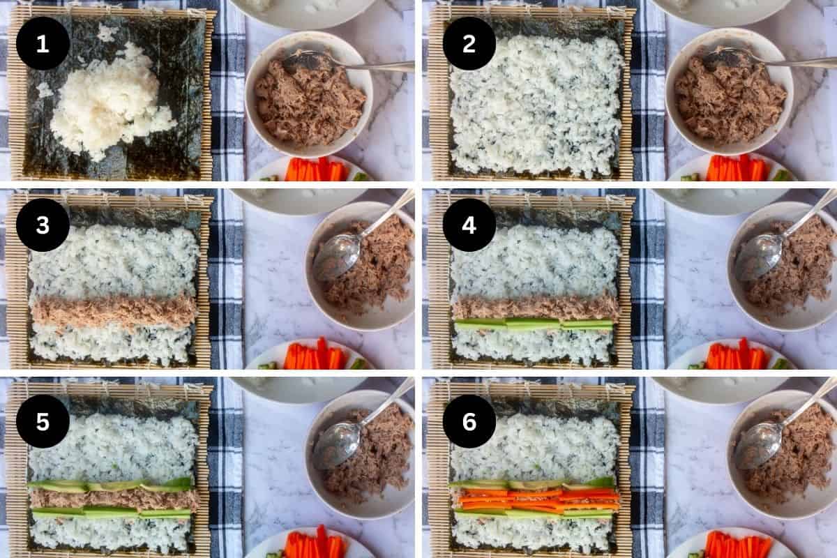 6-picture collage showing how to lay fillings on the nori sheet.